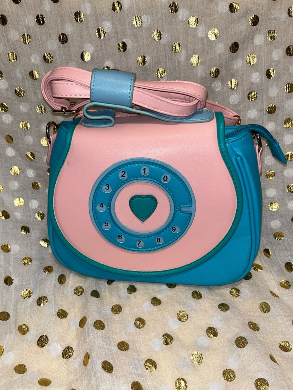 Pink and Teal Heart Dial Crossbody Bag